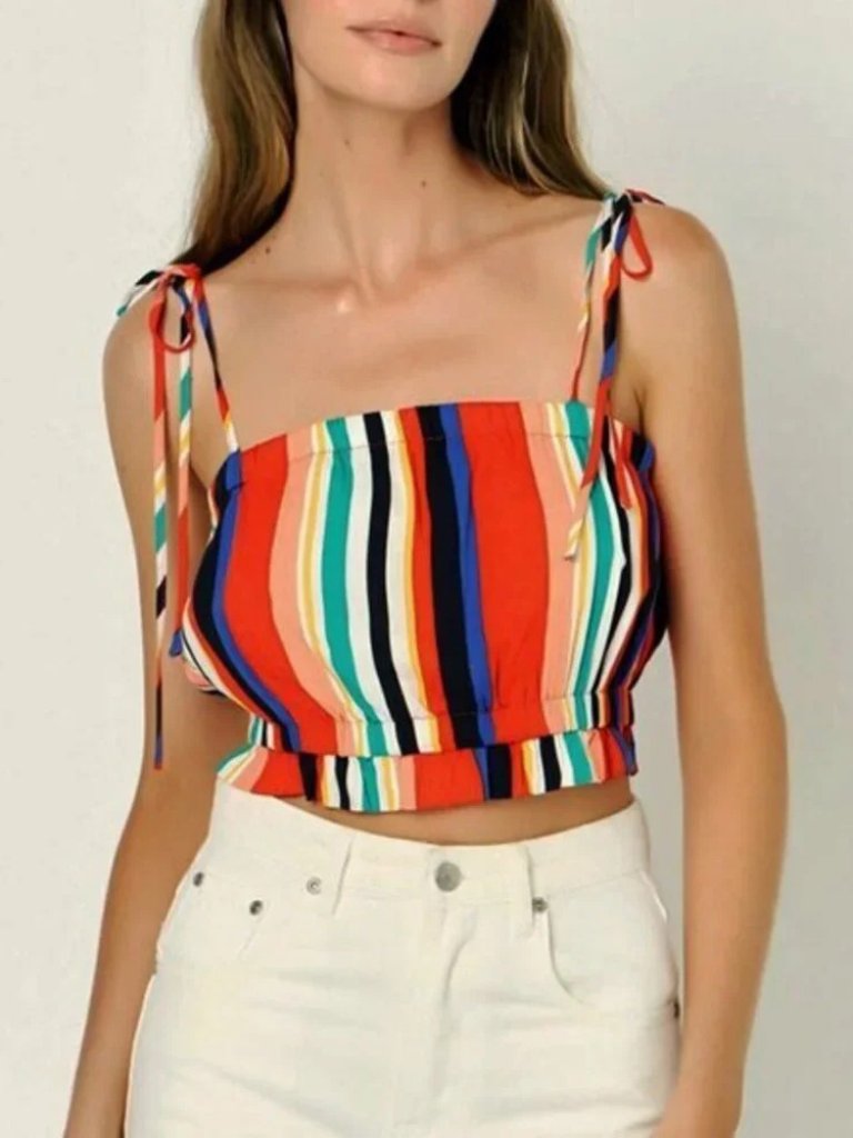 New English Factory Rainbow Stripe Tie Strap Crop Tank Top Medium
